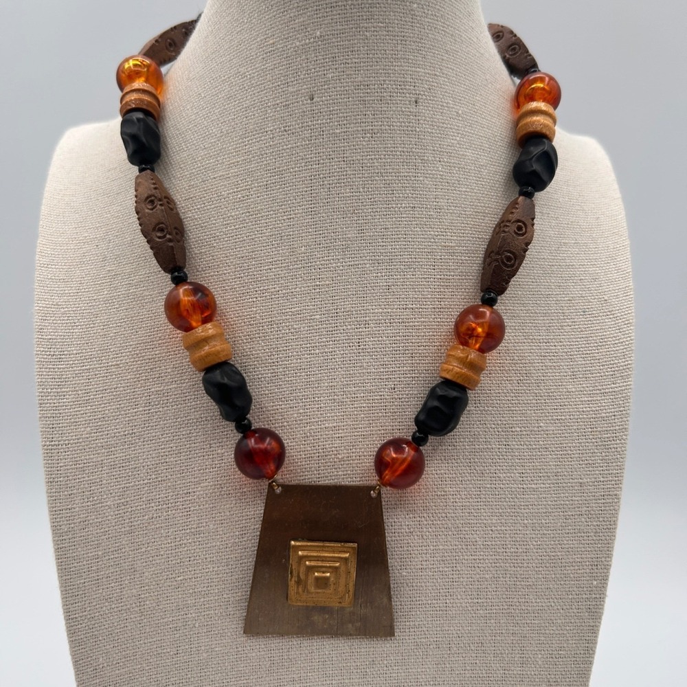Vintage Artisan Beaded Necklace Brass Geometric Pendant Wood Amber Tone 14"